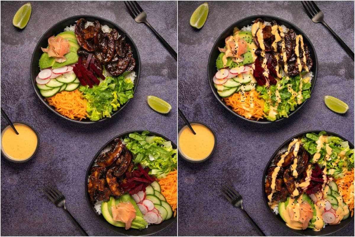 Assembling vegan poke bowls.