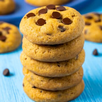 Stack of vegan pumpkin chocolate chip cookies.