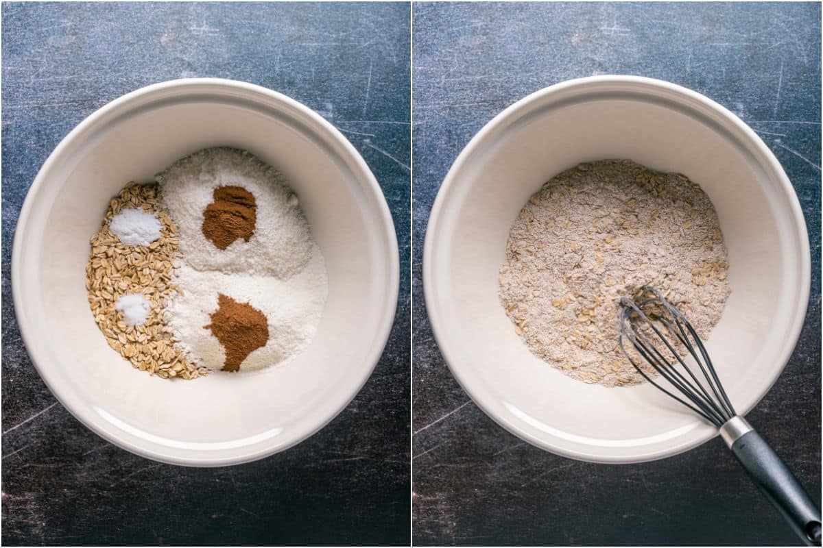 Dry ingredients added to mixing bowl and mixed.