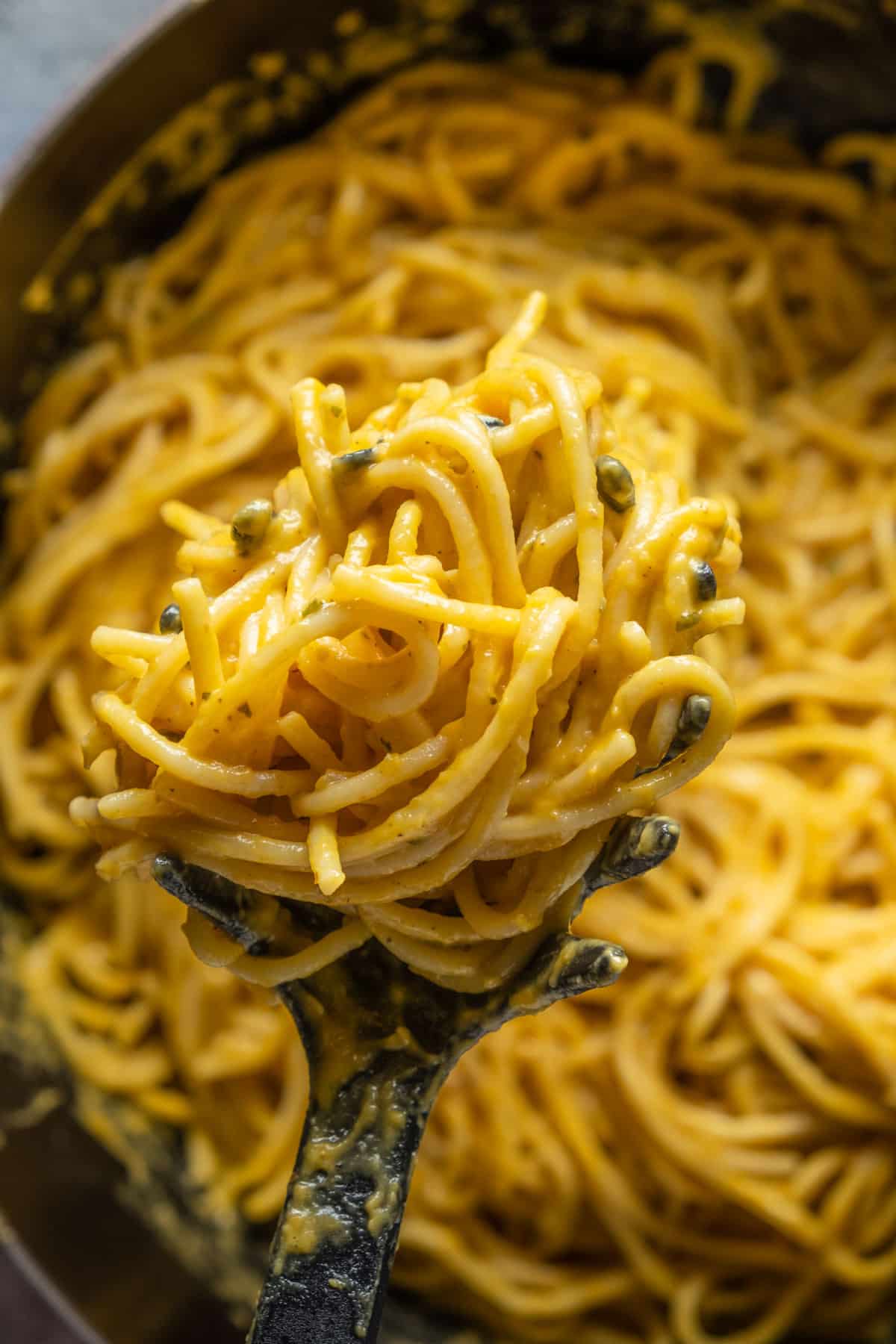 Pasta and sauce in a pot.