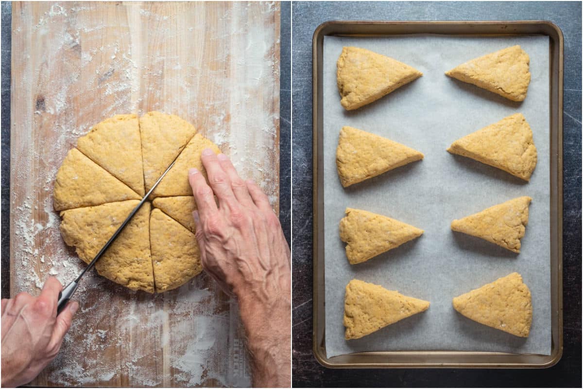 Dough cut into 8 scones and placed onto a parchment lined baking tray.