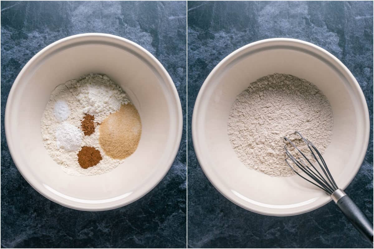 Dry ingredients added to mixing bowl and mixed.