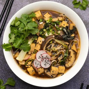 Vegan ramen in a white bowl.