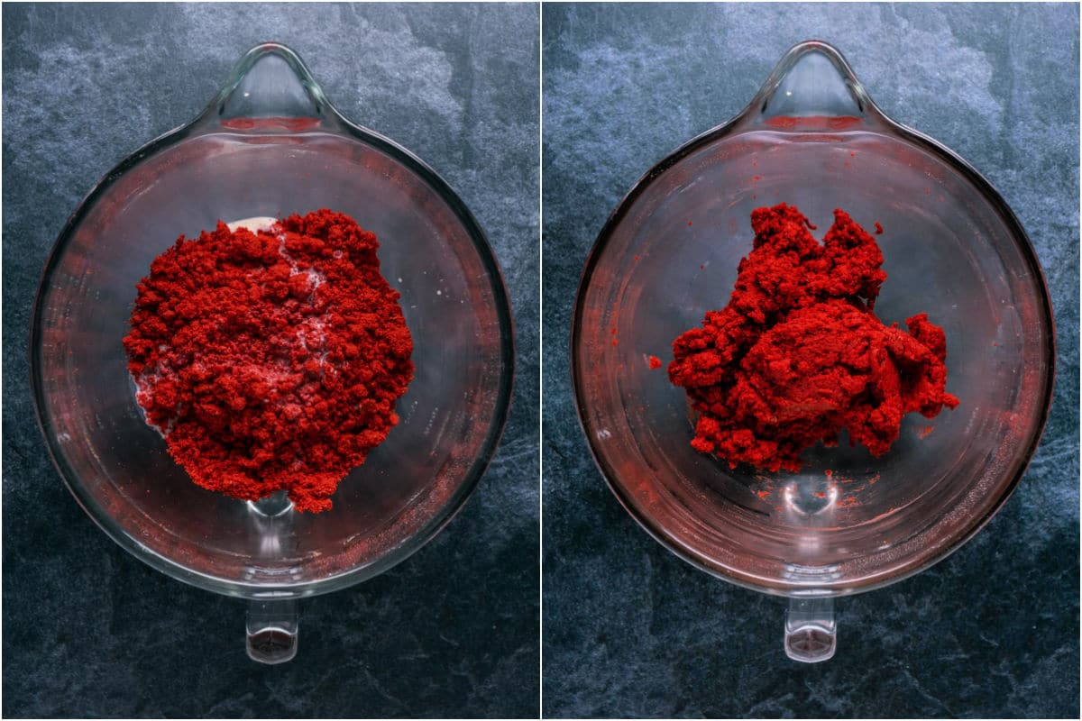 Two photo collage showing soy milk added to bowl and mixed into a cookie dough.