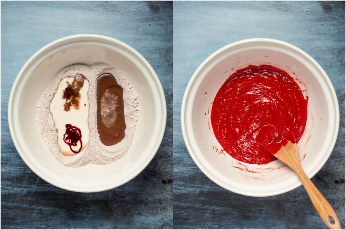 Two photo collage showing wet ingredients added to dry in mixing bowl and mixed into a batter.