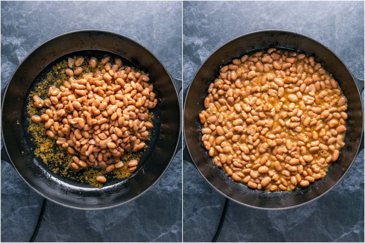 Pinto beans and water added to pot and mixed.