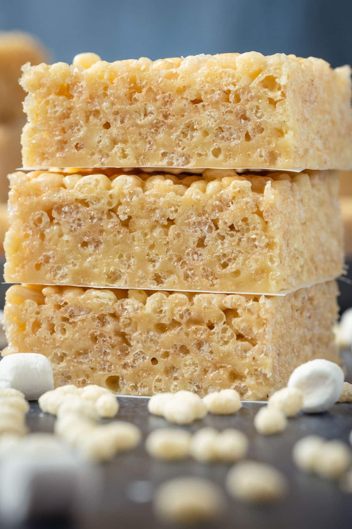 Stack of three vegan rice krispie treats.