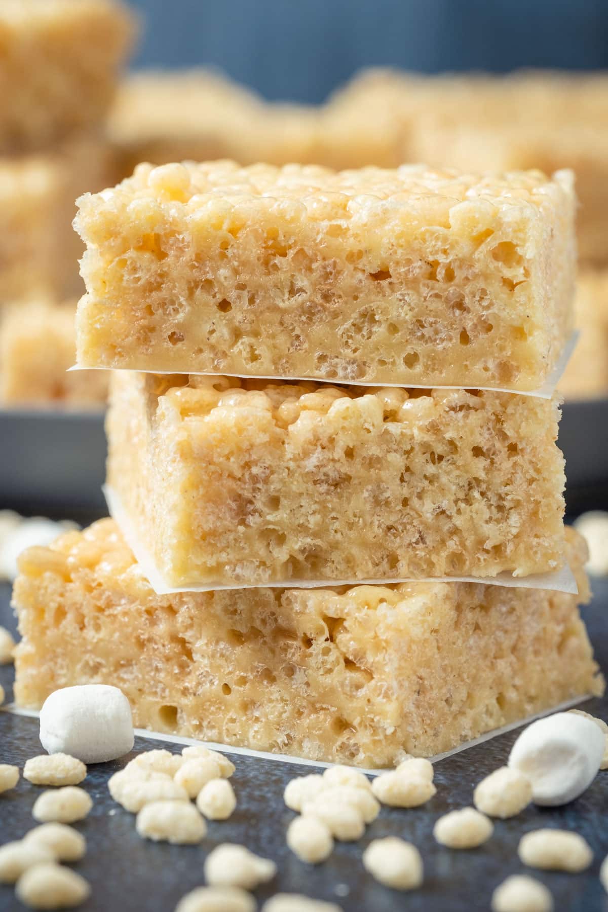 Stack of three vegan rice krispie treats. 