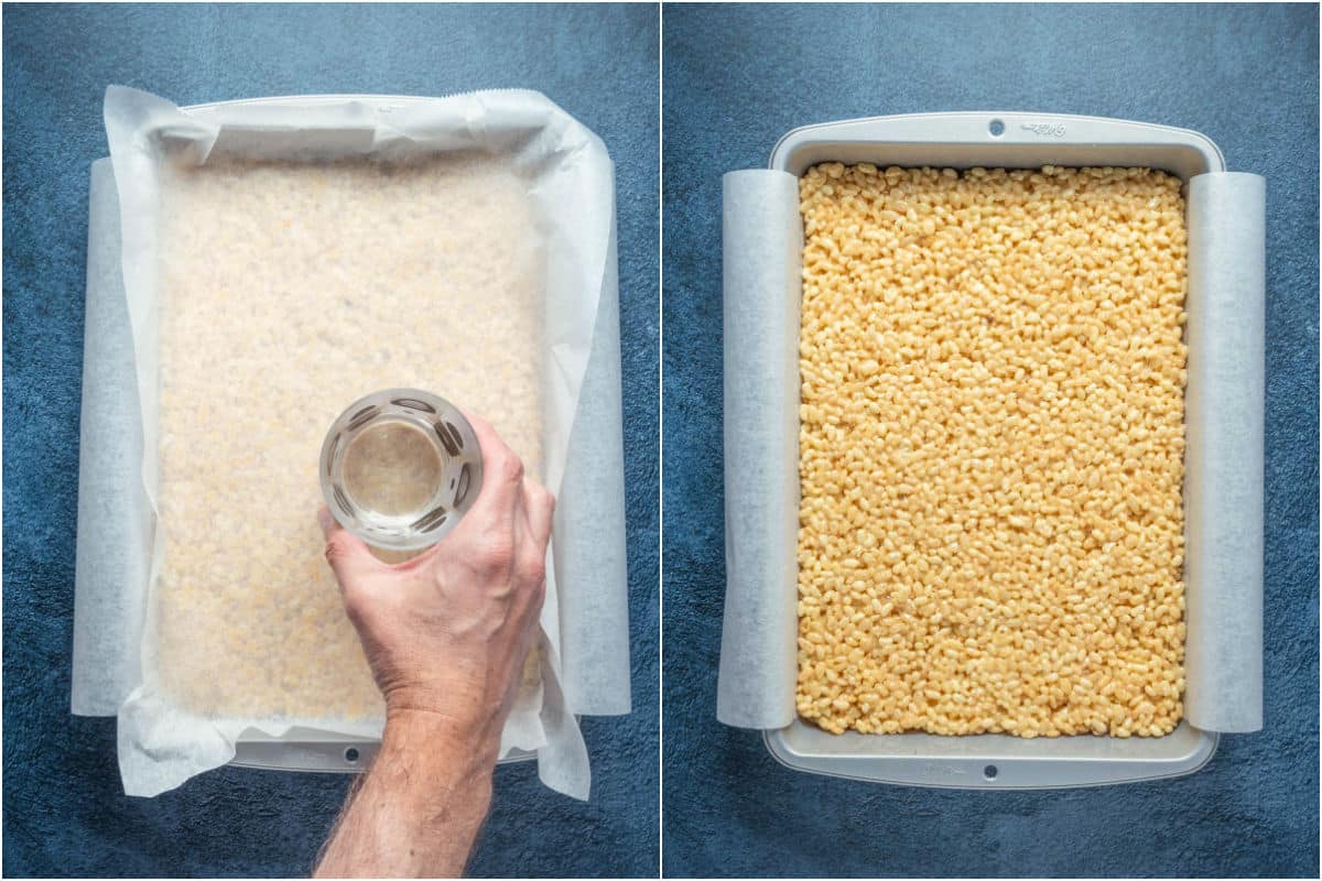 Parchment paper placed on top of the rice krispie treats and pressed flat with the base of a glass.