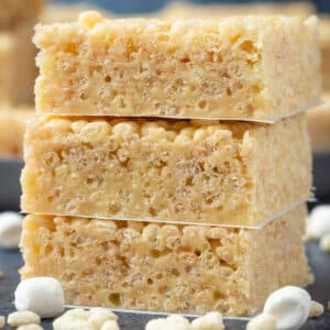 Stack of three rice krispie treats.