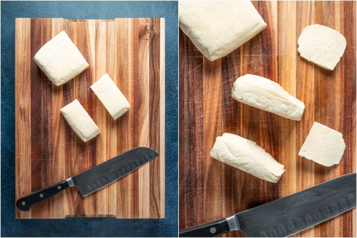 Tofu blocks cut in half and then shaped to look like salmon.