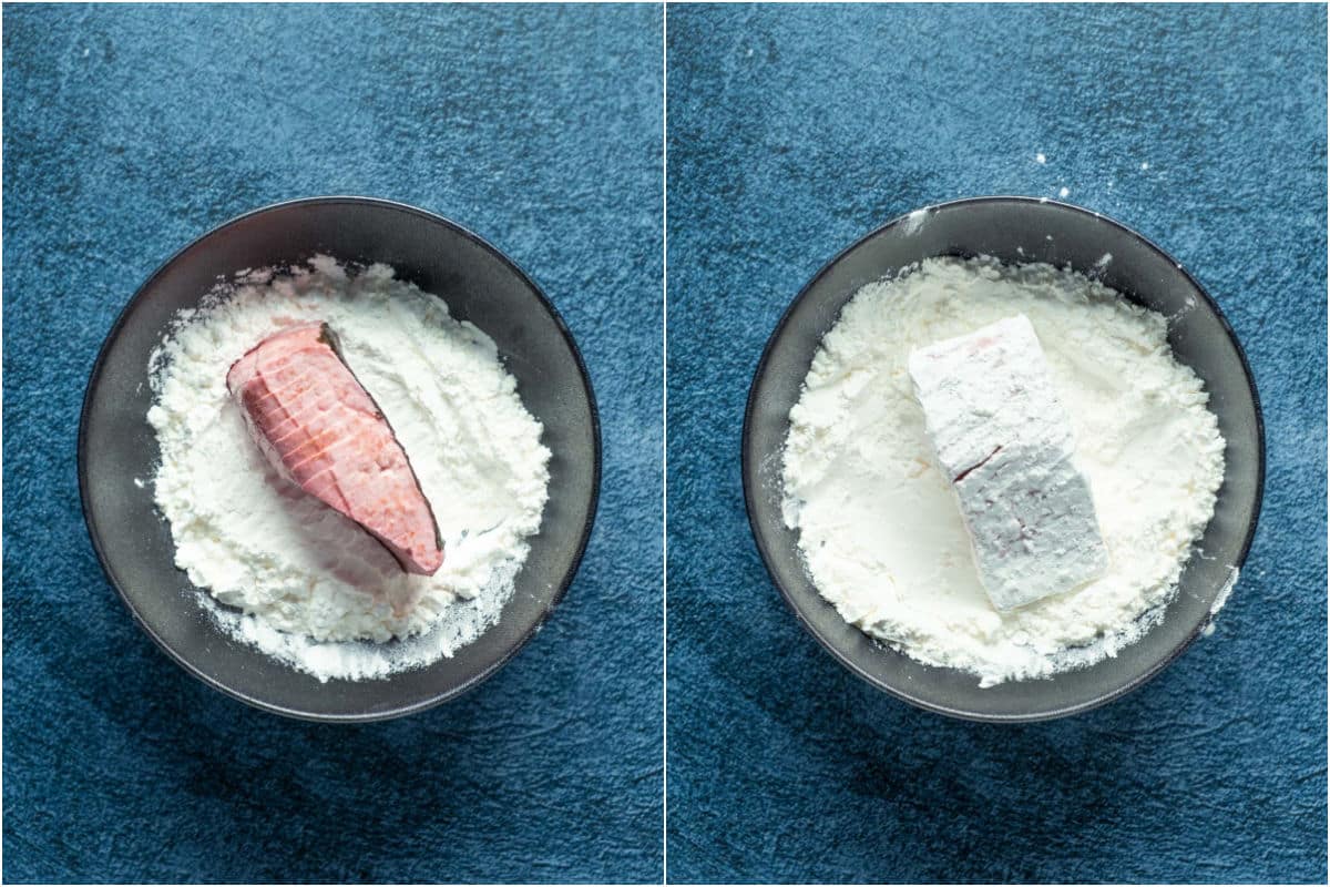 Rolling tofu pieces in cornstarch.