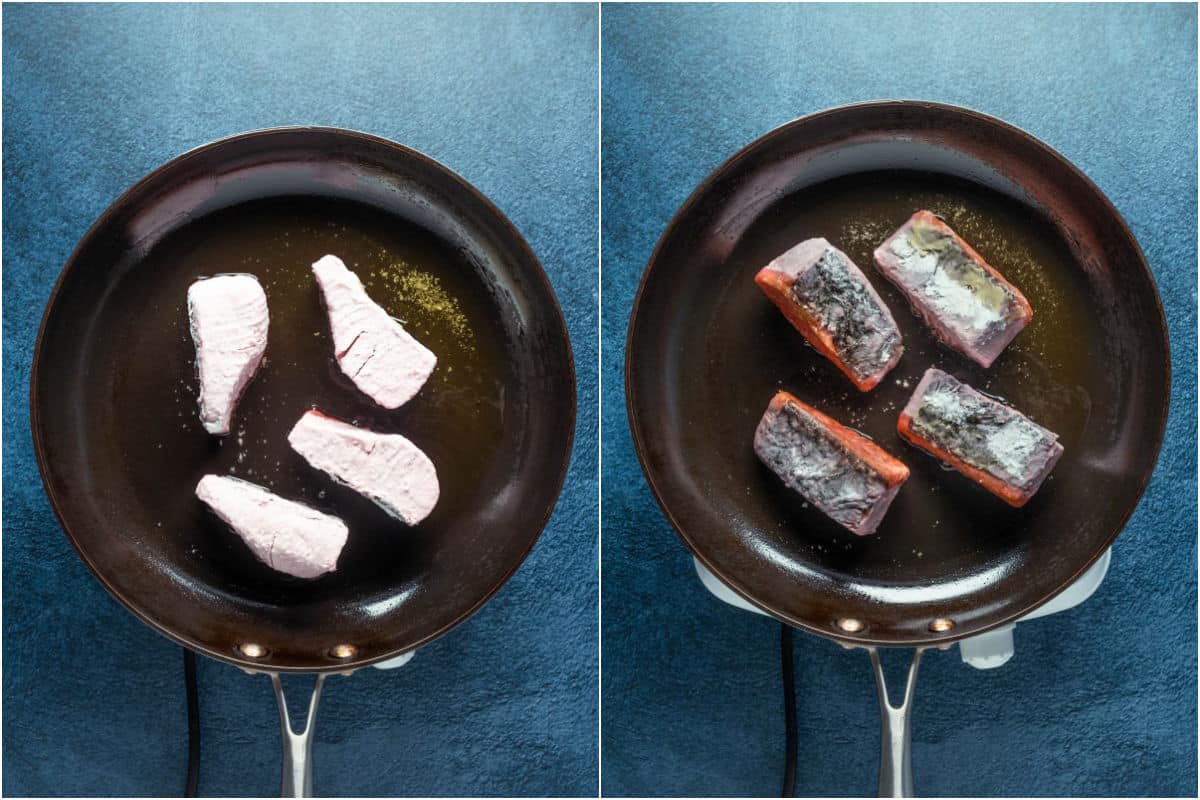 Adding cornstarch covered tofu pieces to a hot pan and then flipping.