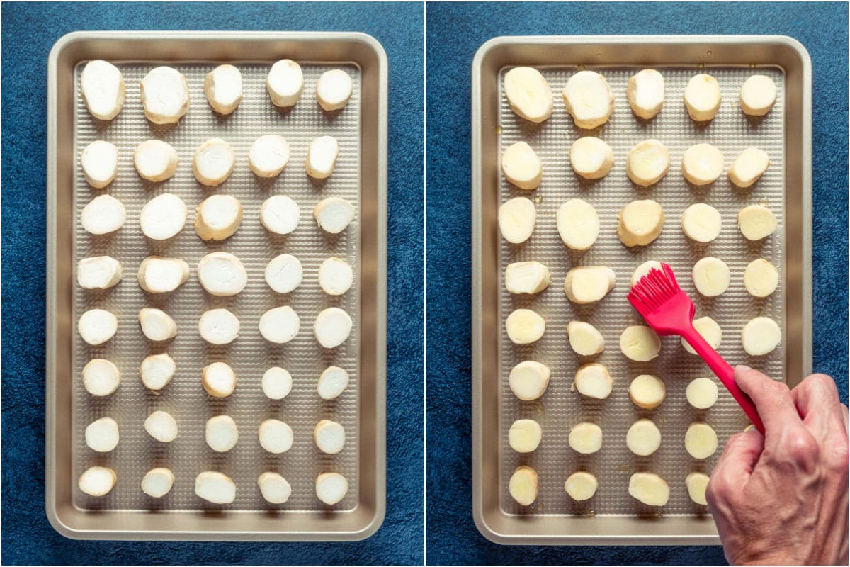 Two photo collage showing sliced King oyster mushrooms on a baking tray and then brushed with olive oil.