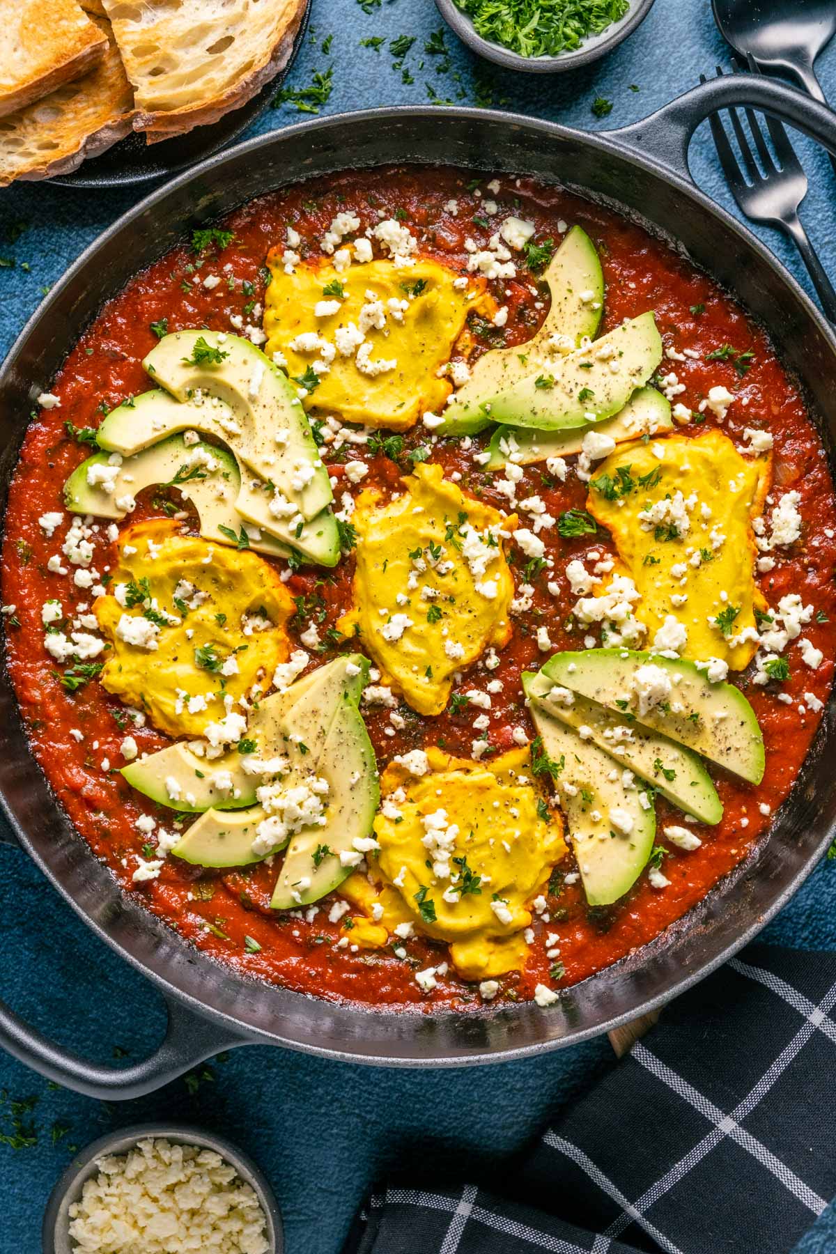 Vegan shakshuka in a cast iron skillet. 