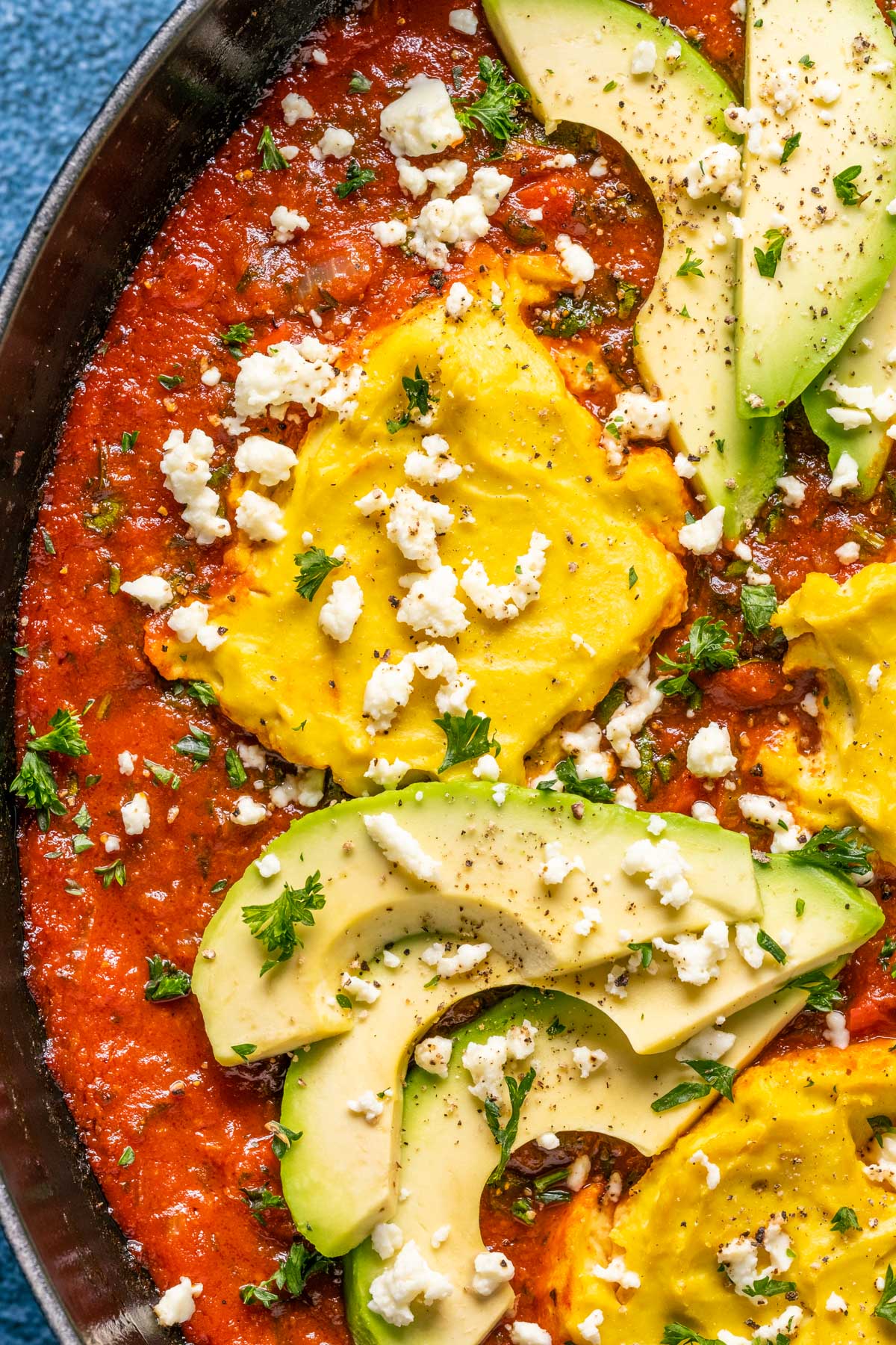 Vegan shakshuka in a cast iron skillet.