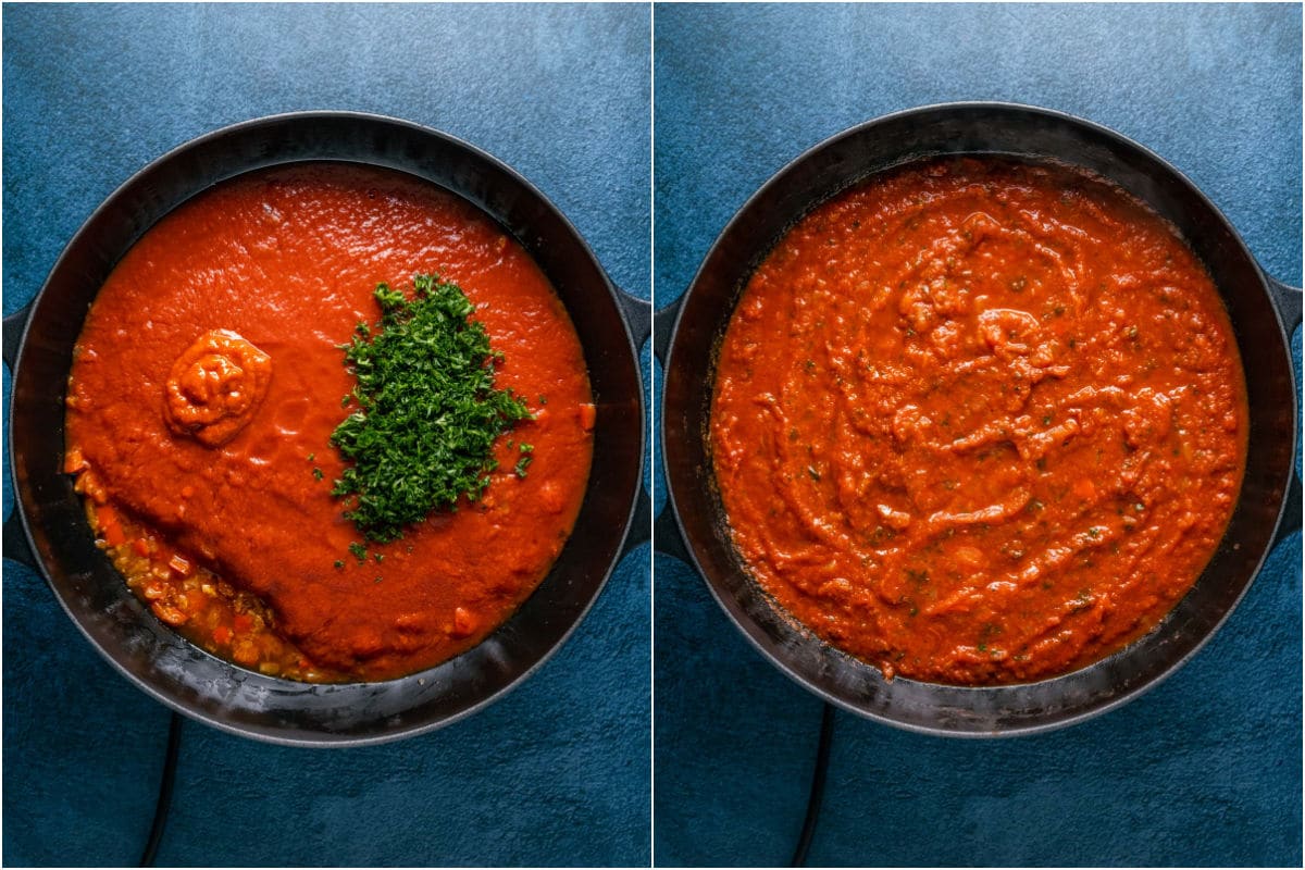 Crushed tomatoes, chopped parsley and harissa paste added to skillet and simmered.