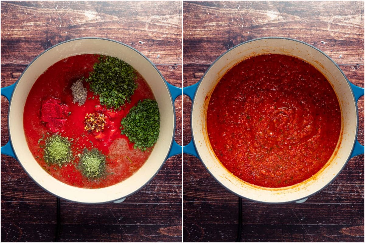 Vegetable stock, crushed tomatoes, chopped tomatoes, tomato paste, brown sugar, herbs and spices added to pot and mixed in.