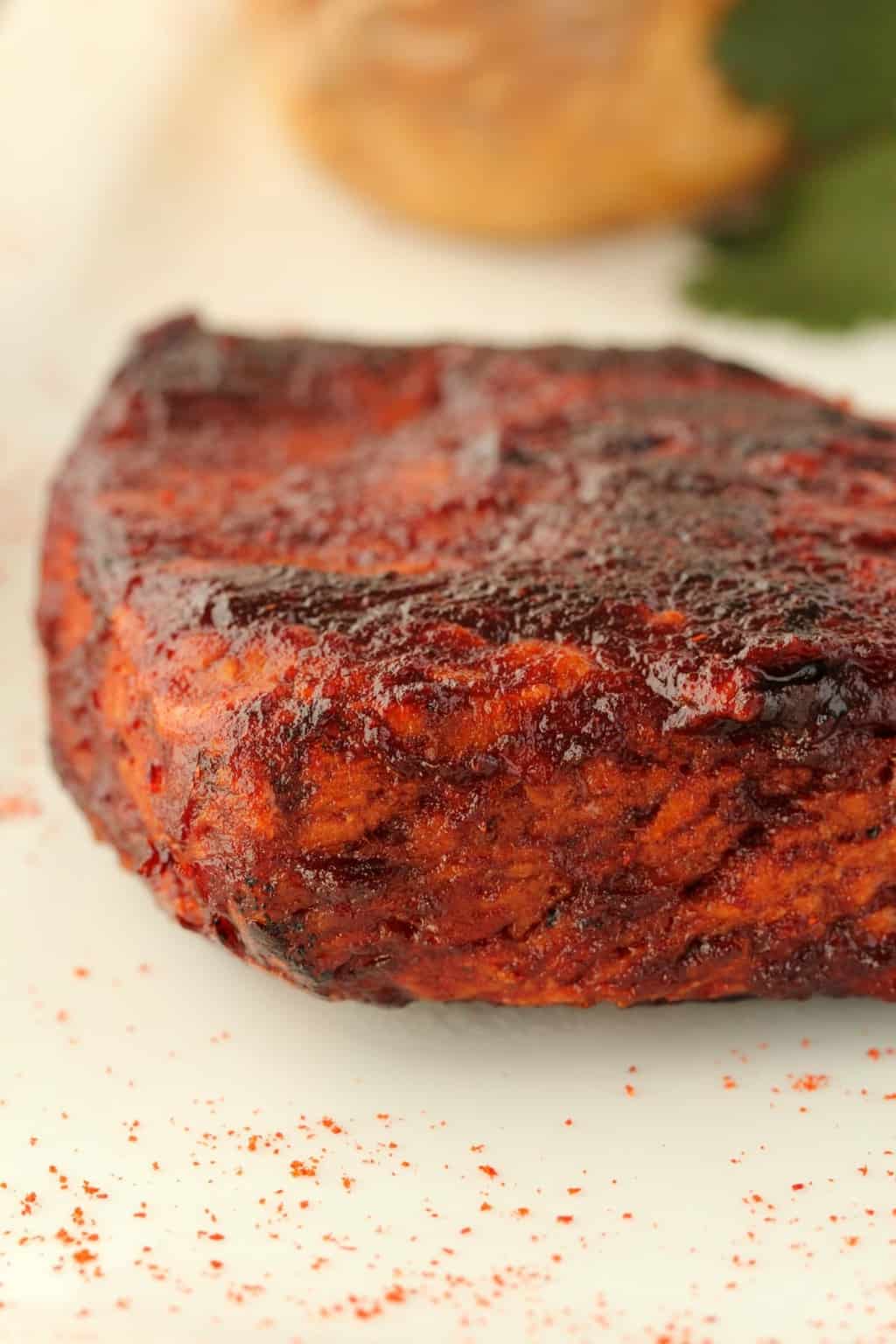 Vegan Steak on a white plate. 