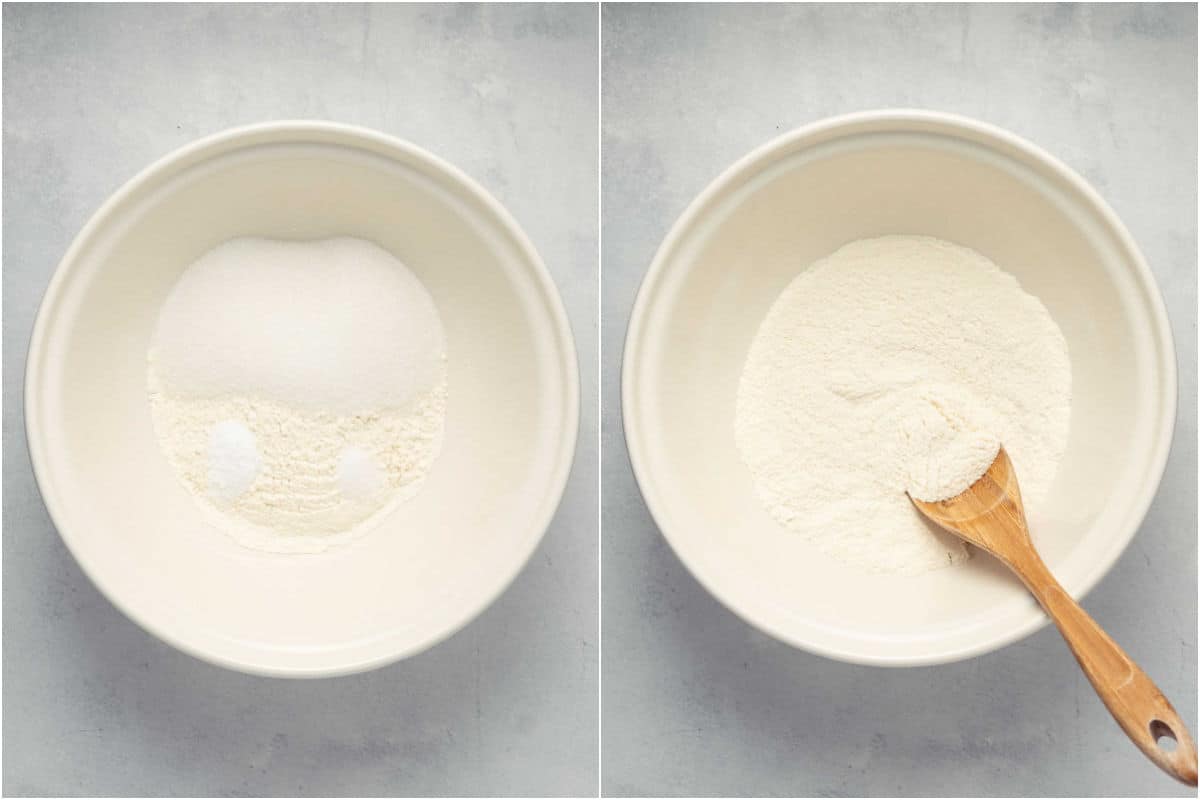 Two photo collage showing dry ingredients added to mixing bowl and mixed together.