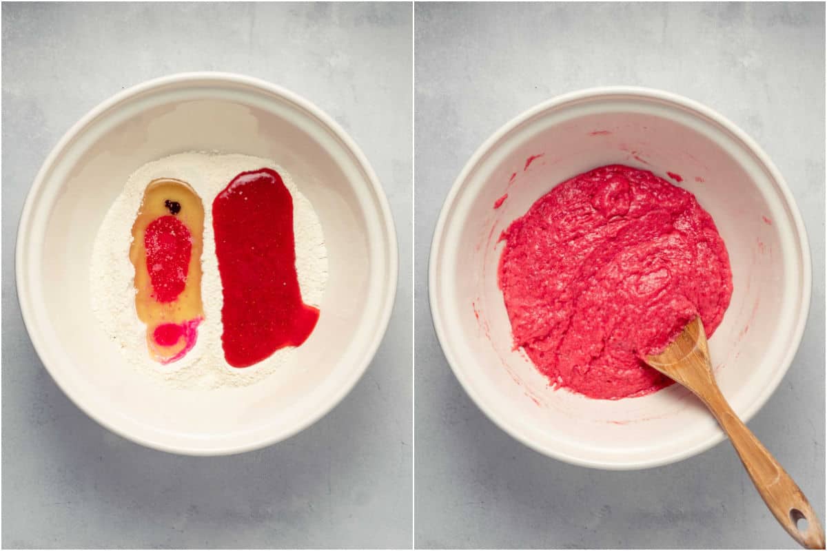 Two photo collage showing wet ingredients added to mixing bowl and mixed into a batter.