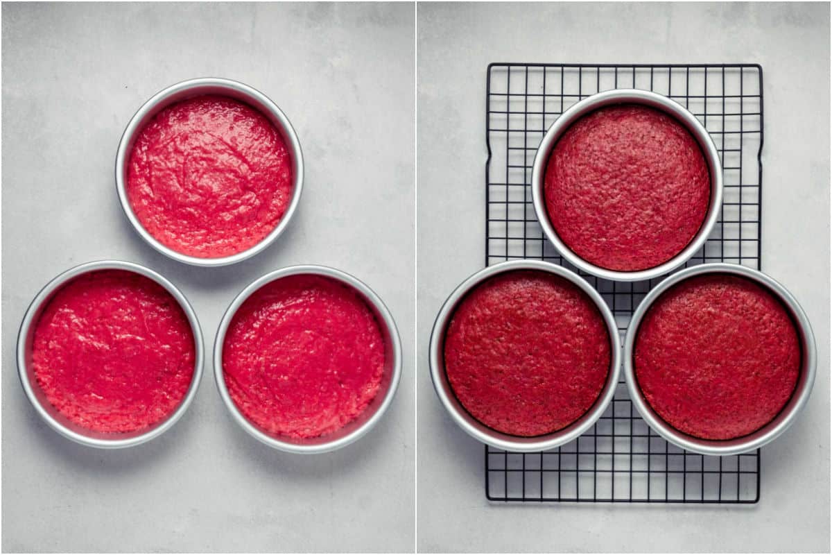 Two photo collage showing cakes before and after baking.