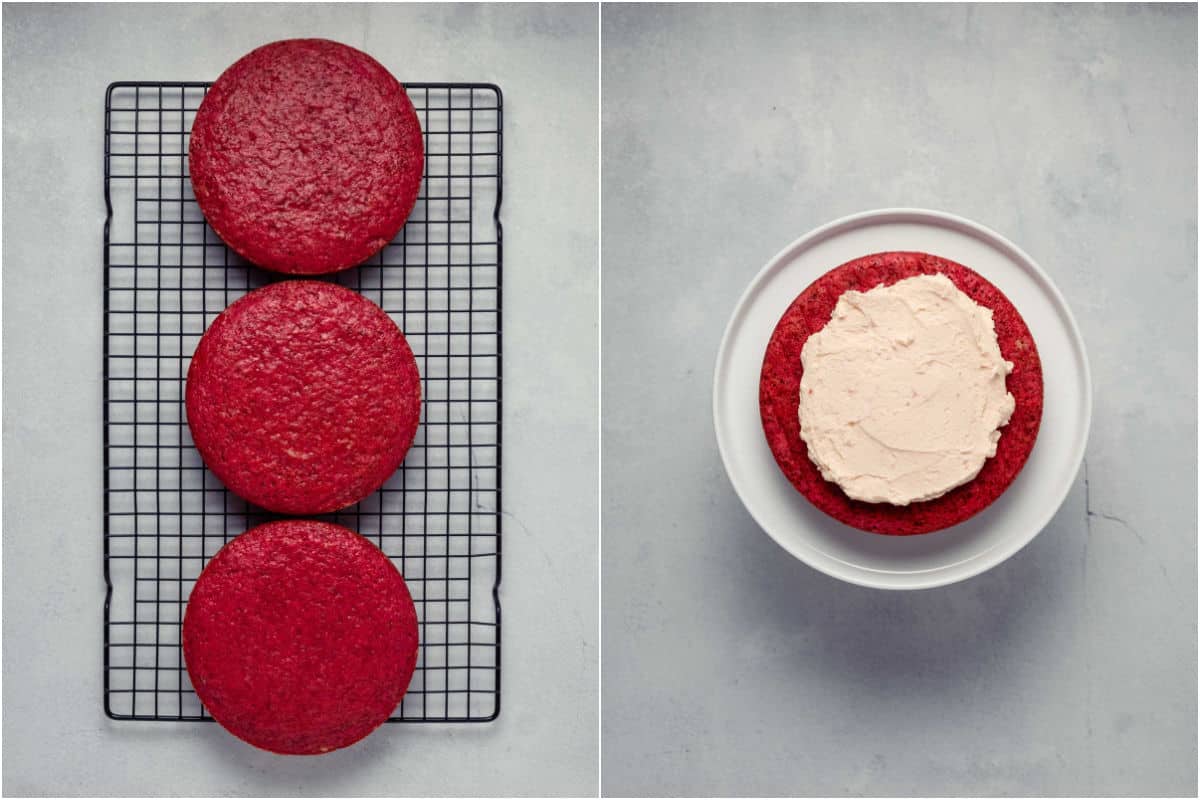 Two photo collage showing cakes on a wire cooling rack and then frosting added to the first cake layer.