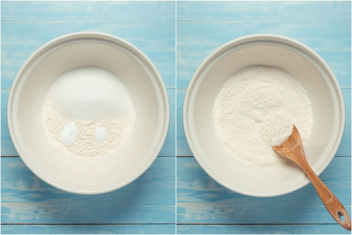 Two photo collage showing dry ingredients added to mixing bowl and mixed together.