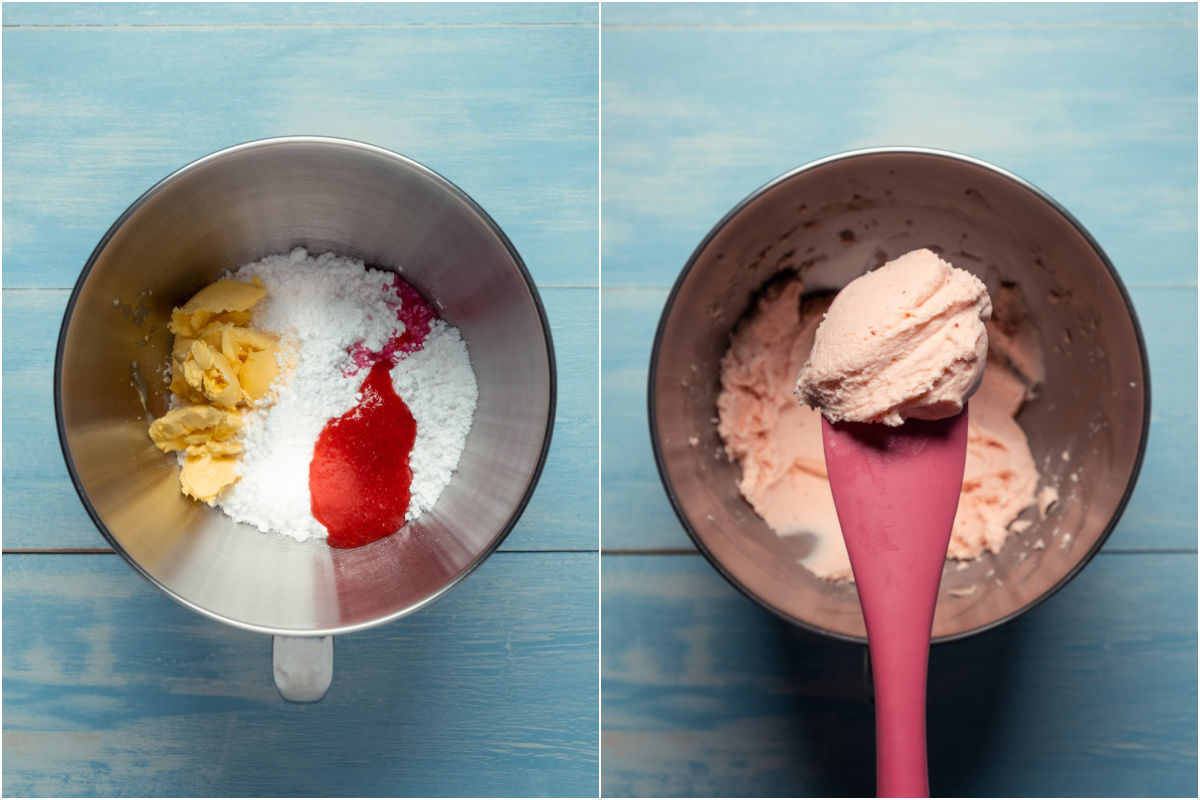 Two photo collage showing ingredients for strawberry frosting added to stand mixer and whipped into frosting.