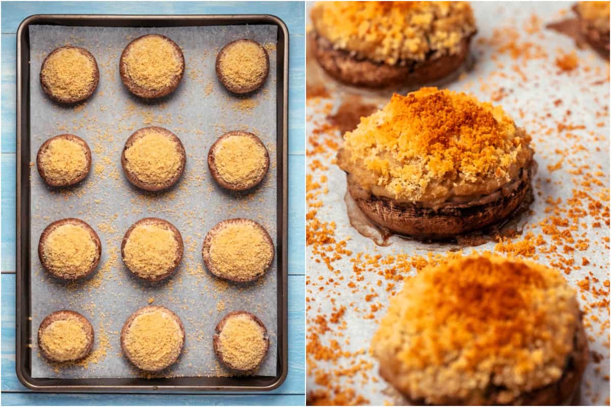 Two photo collage showing stuffed mushrooms before and after baking.