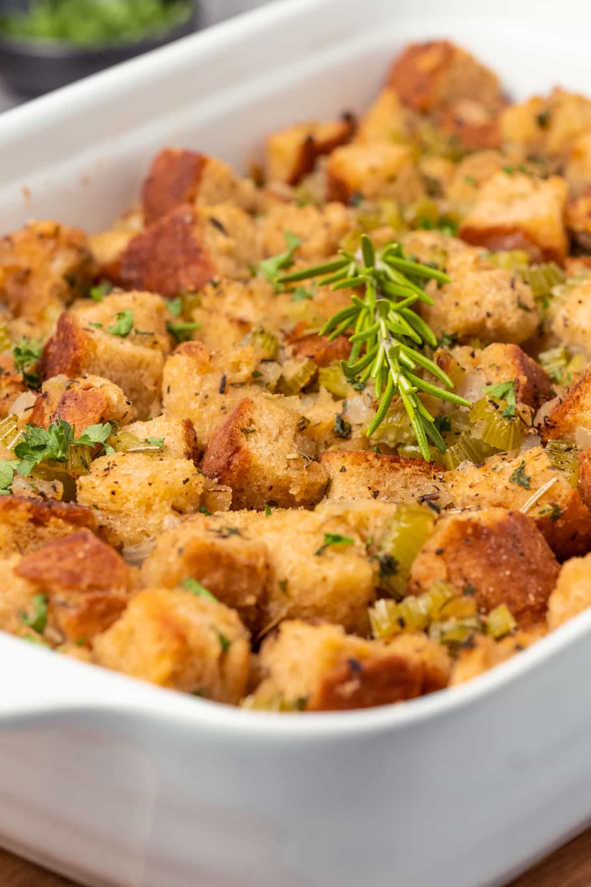 Vegan stuffing in a white dish.