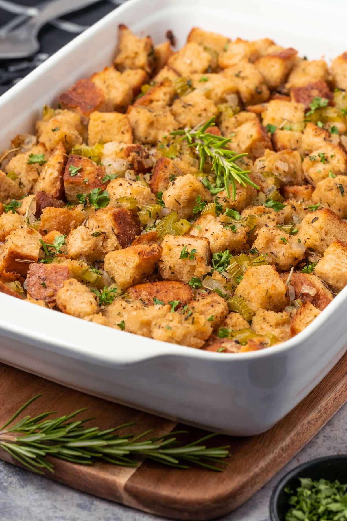 Vegan stuffing in a white dish. 