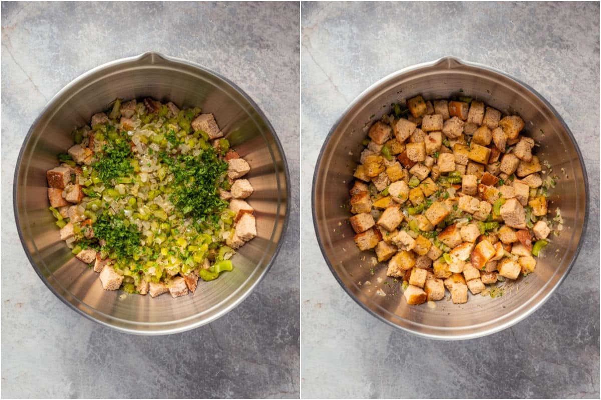 Bread cubes added to mixing bowl with cooked onions and celery and mixed together.