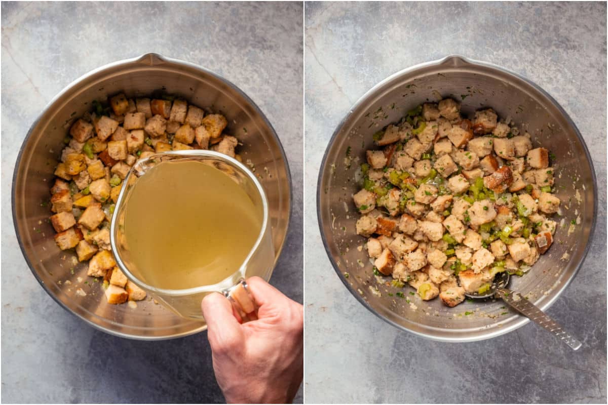 Vegetable stock poured into bowl and tossed with the bread cubes.