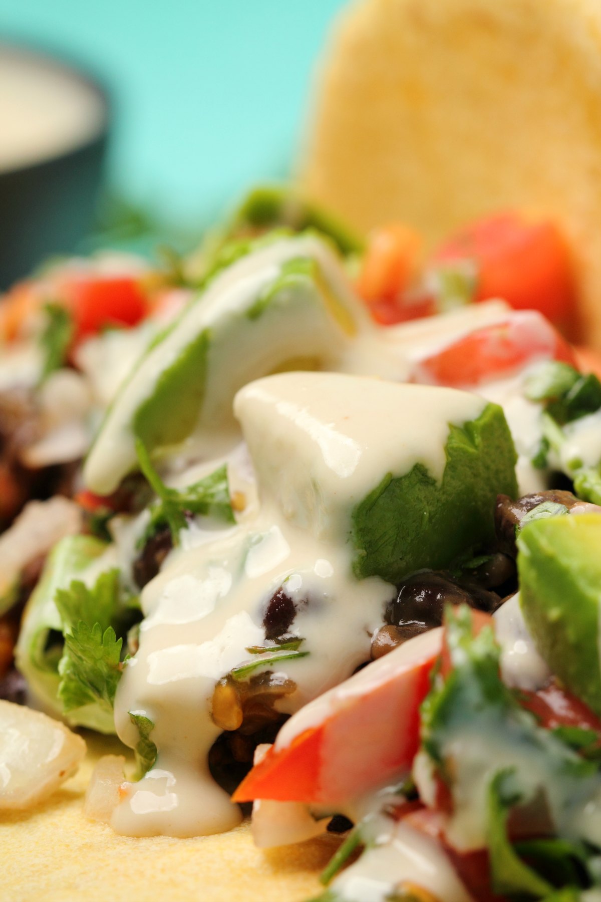 Vegan tacos stuffed with black beans, vegan taco meat, pico de gallo, avocado and tahini sauce.