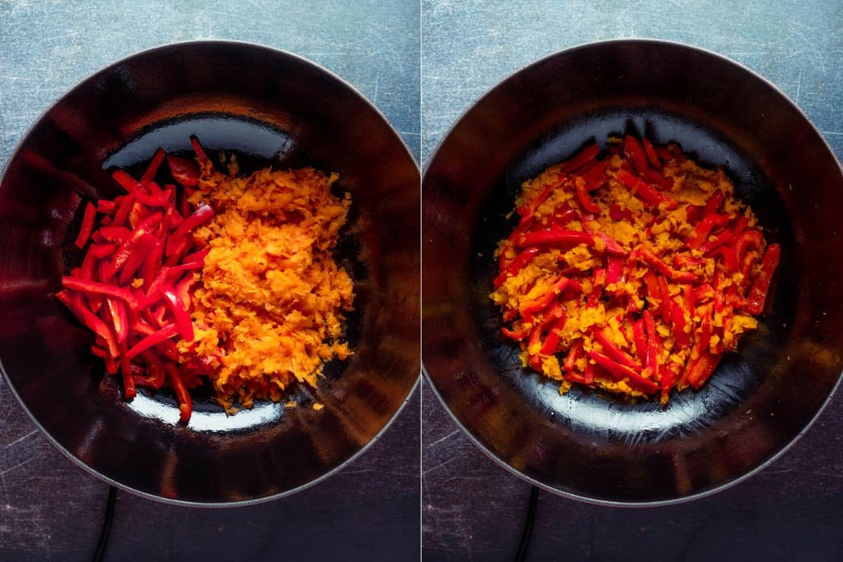 Add veggies to wok and flash fry until lightly softened.