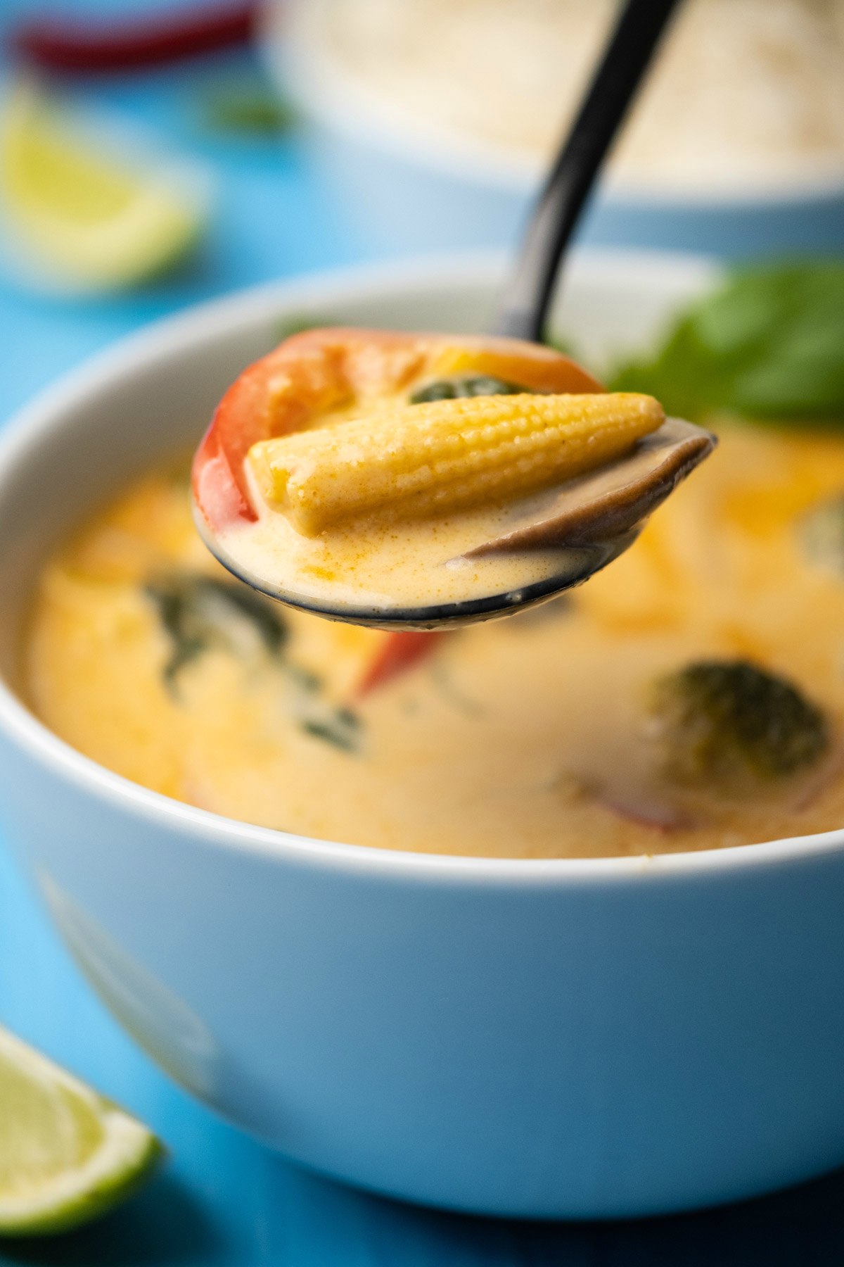 Spoonful of thai red curry above a white bowl. 