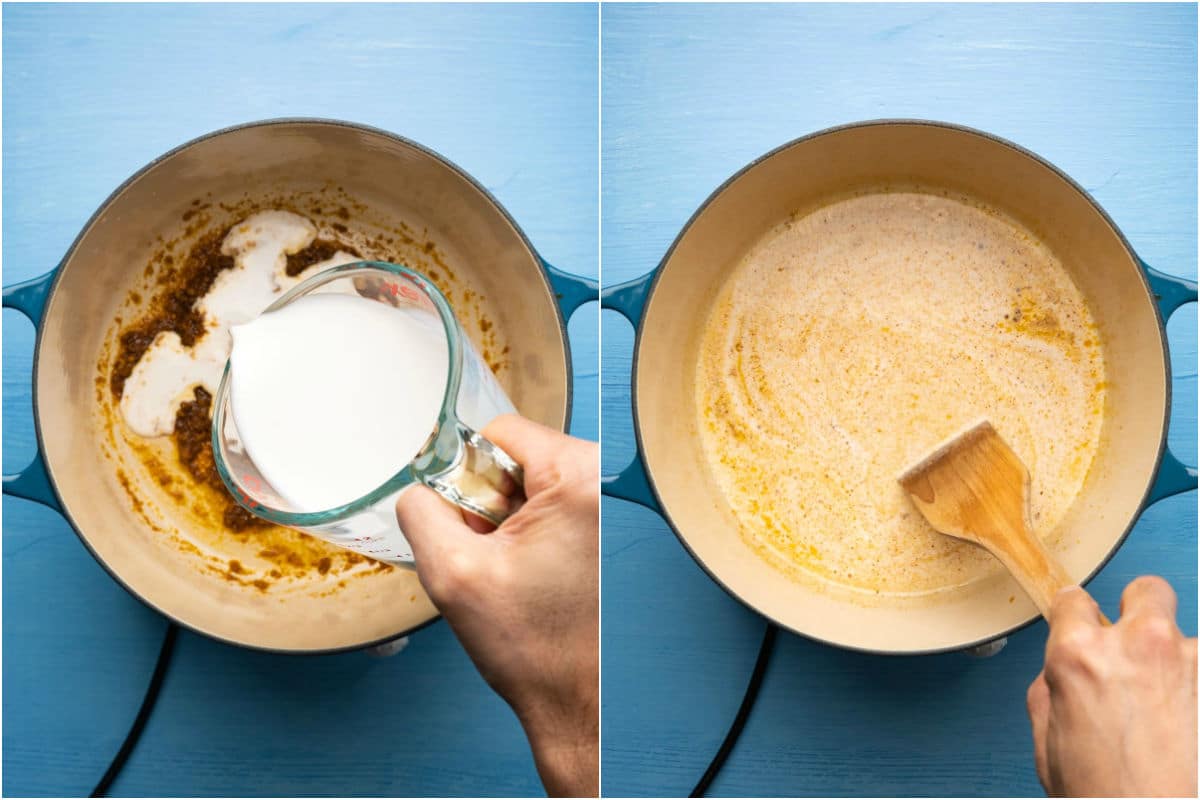 Coconut milk added to pot and simmered with the spices.