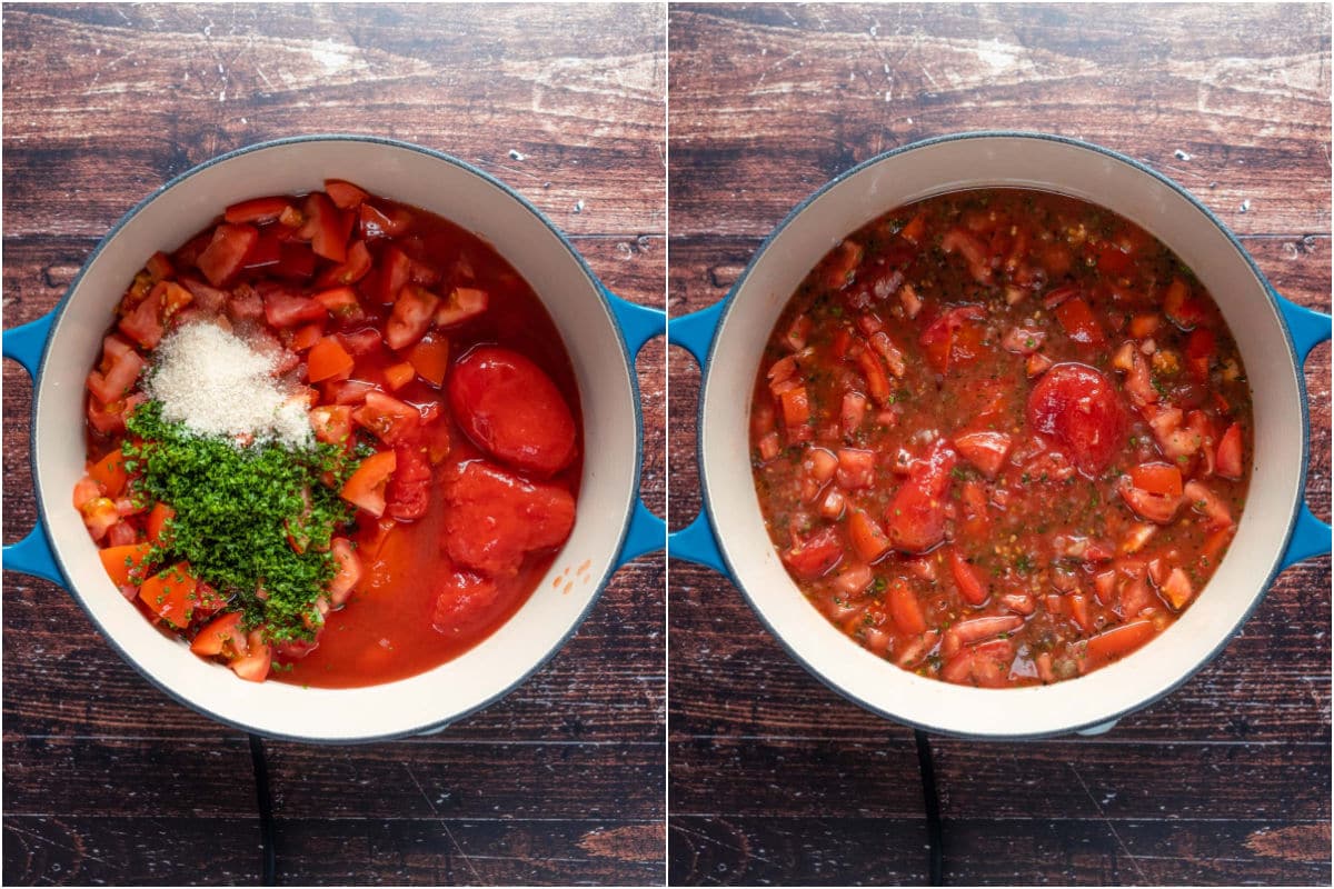 Whole peeled tomatoes, chopped fresh tomato, fresh chopped parsley, light brown sugar and vegetable stock added to pot and mixed in.