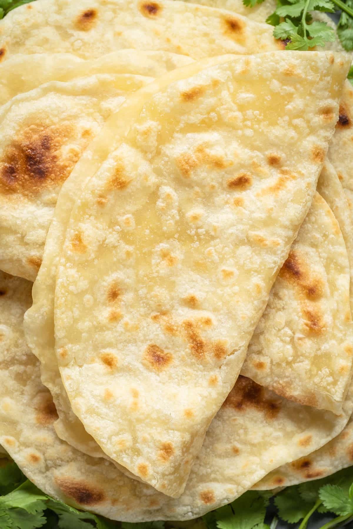 Vegan tortillas stacked up on a plate with the top tortillas folded in half.