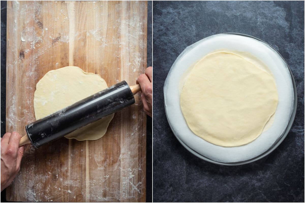 Rolling disc shape out until it's round and then stacking the raw tortillas with parchment paper between them.