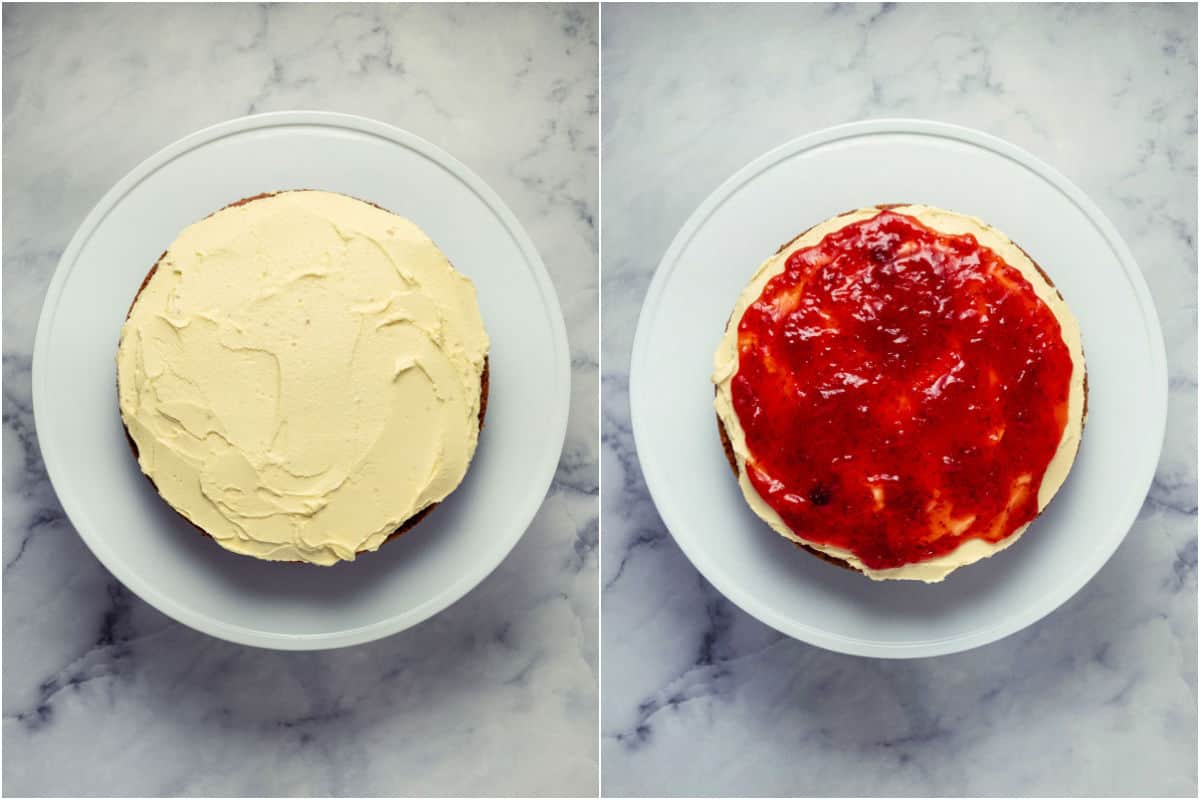 Two photo collage showing buttercream added to cake layer and then topped with strawberry jam.