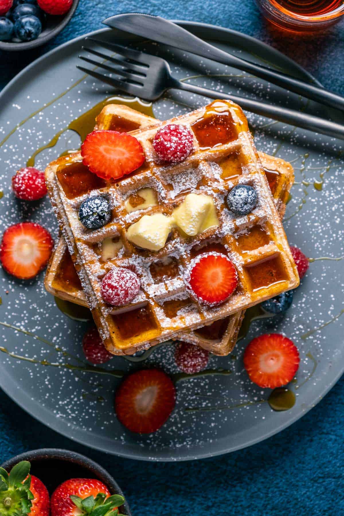 Overhead photo of vegan waffles on a plate.