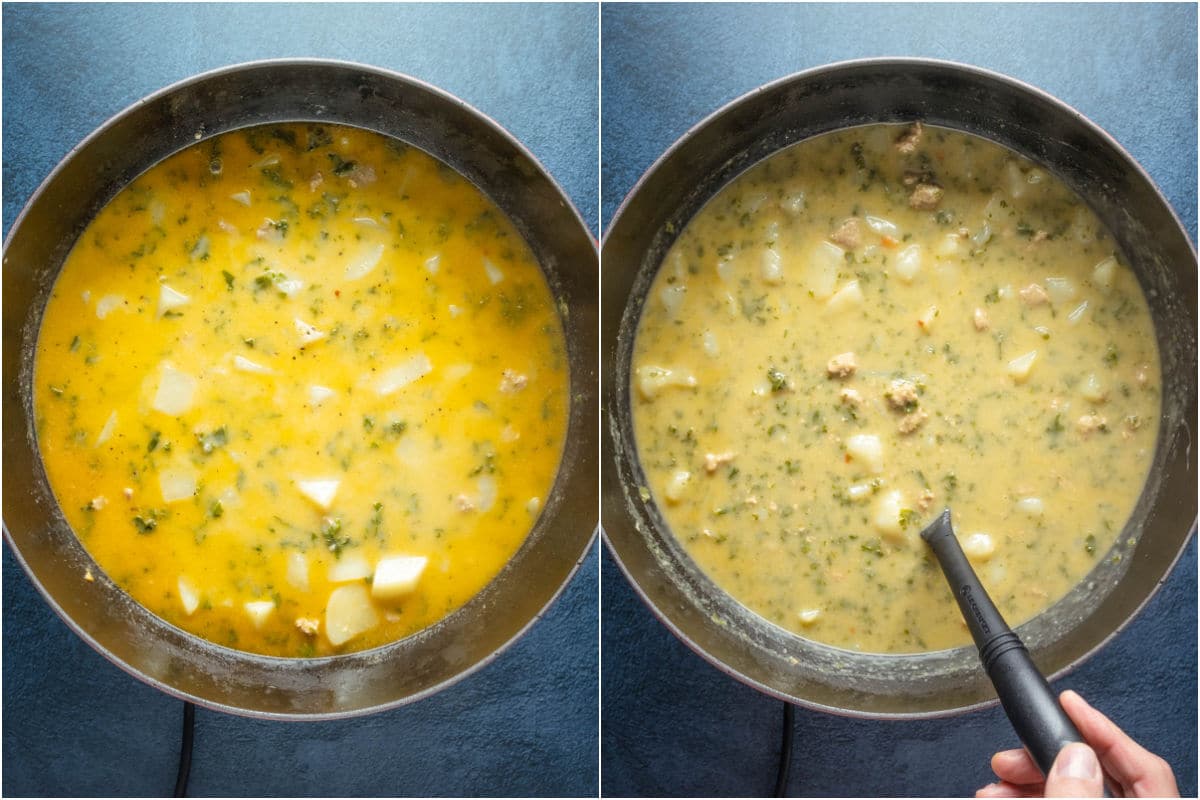 Coconut milk, salt and pepper added to pot and then thickened with a cornstarch slurry.