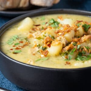 Vegan zuppa toscana topped with crispy fried onions and parsley in a black bowl.